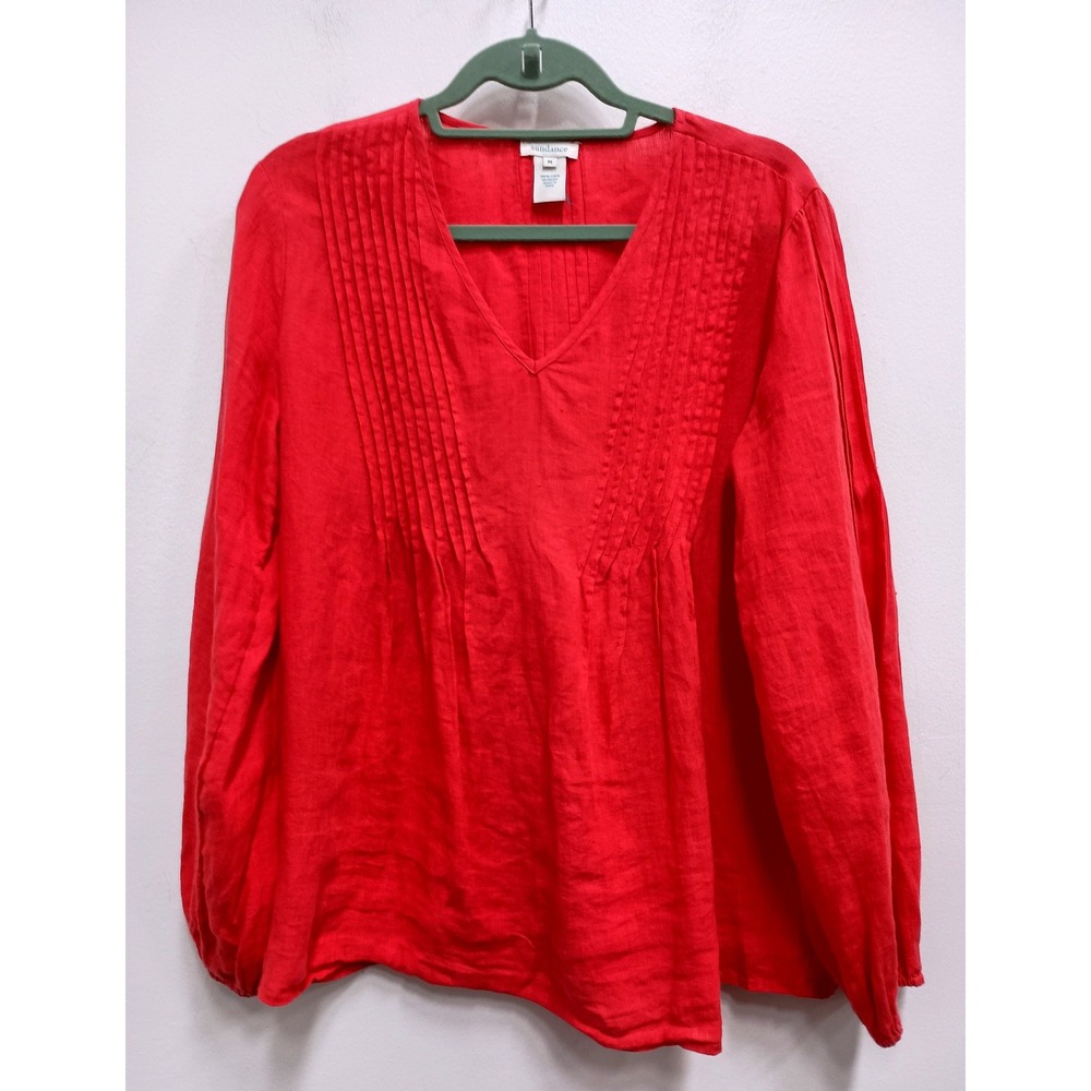 Sundance Blouse Top Women Medium Red Linen Pintuck V-Neck Long Sleeve Boho